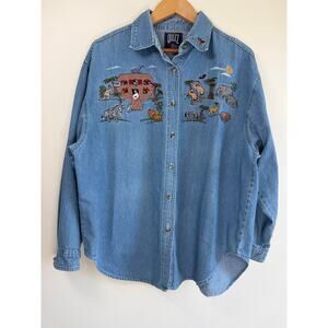 Vintage Quizz Noahs Ark Embroidered Button Shirt Cotton Denim Animal 22 Safari